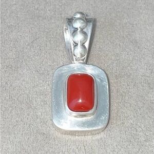 Vintage Handcrafted Sterling Silver (925) Mediterranean Red Coral Pendant 1.25”